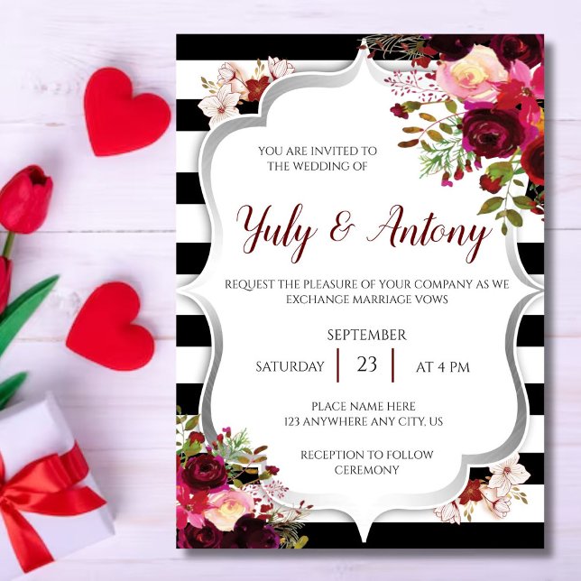 Convite Burguny Template Invitación boda rojo borgoña  (Invitacion flores rojo borgoña con lineas negras y bordes grises, perfecta para una hermosa boda)