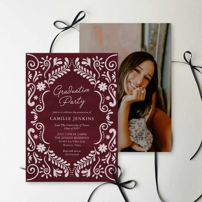 Convite Burgurgy Fiesta Graduation Party Photo Invite (Burgundy Fiesta Graduation Party Photo Invitation)