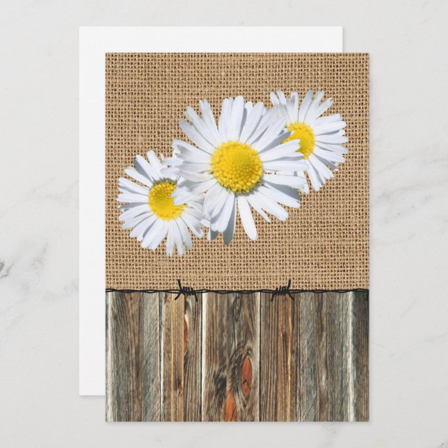 Convite Burlap Barnwood Barbed Wire e Daisies Convidam (Frente/Verso)