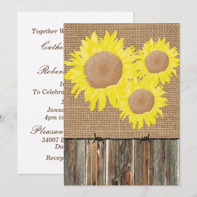 Convite Burlap Barnwood Barbed Wire e Sunflower Invitam (Frente/Verso)