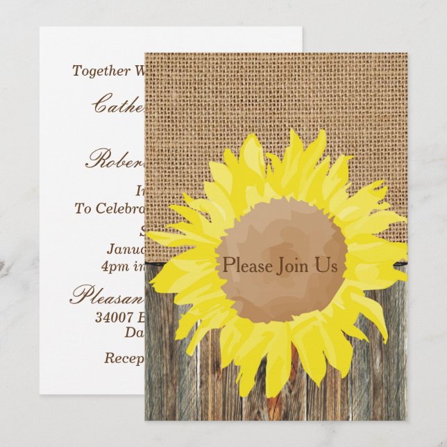 Convite Burlap Barnwood e Sunflower Invation Modelo (Frente/Verso)