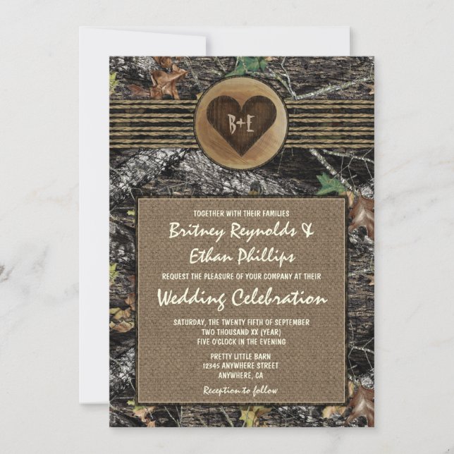 Convite Burlap + Carved Heart Camo Weds Invtions (Frente)