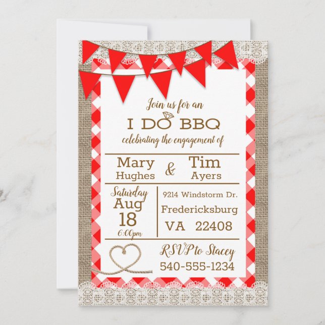 Convite Burlap e Gingham I Do BBQ (Frente)