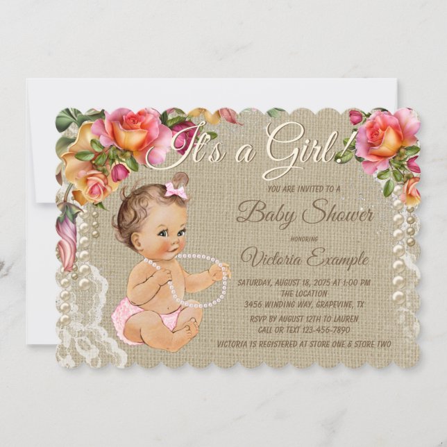 Convite Burlap e Lace Baby Shower (Frente)