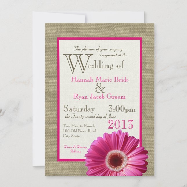 Convite Burlap Fuchsia Gerbera Daisy Wedding (Frente)