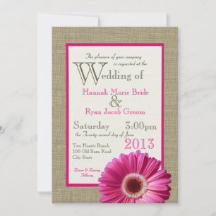 Convite Burlap Fuchsia Gerbera Daisy Wedding