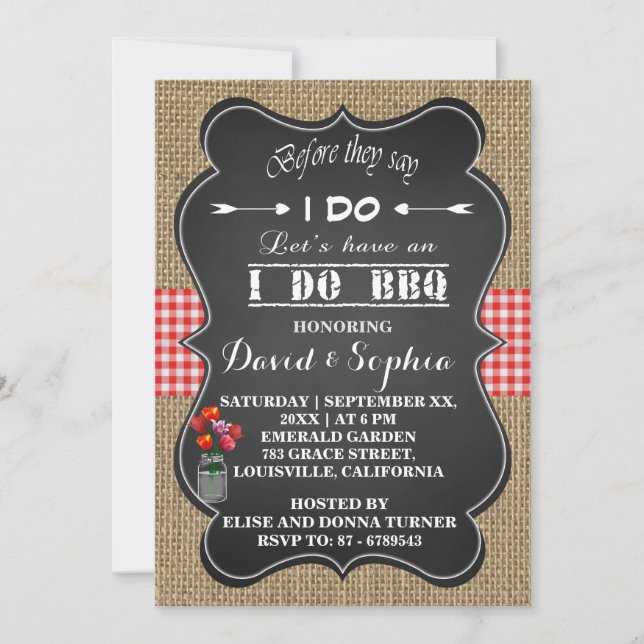 Convite Burlap Gingham e Chalkboard I do CHURRASCO Invent (Frente)