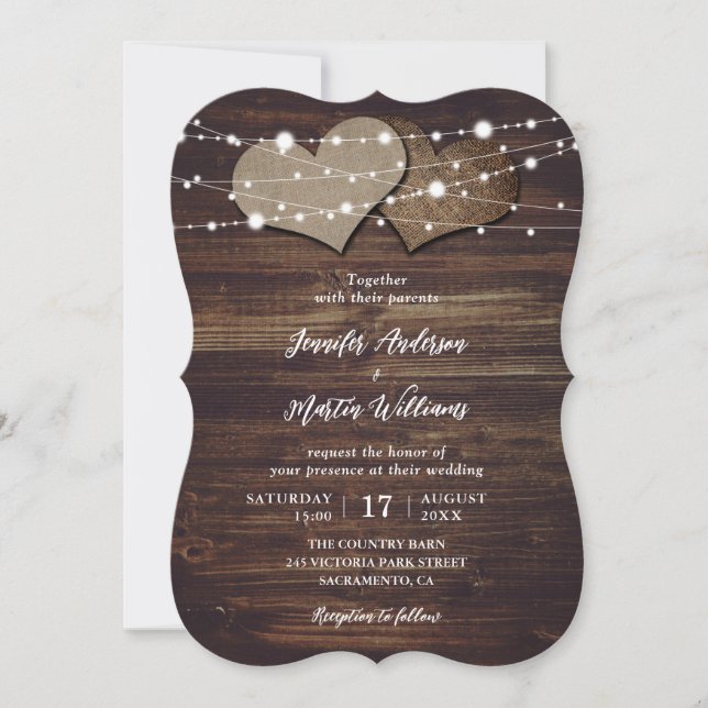 Convite Burlap Hearts String Luzes Rustic Wood Casamento (Frente)