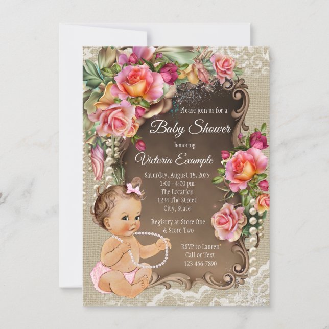 Convite Burlap Lace Baby Shower Invasivos (Frente)