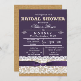 Convite Burlap, lace, chá de panela roxo