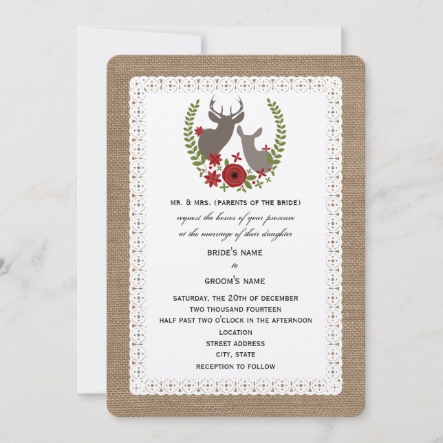 Convite Burlap + Lace Christmas Wedck + Doe Deer (Frente)