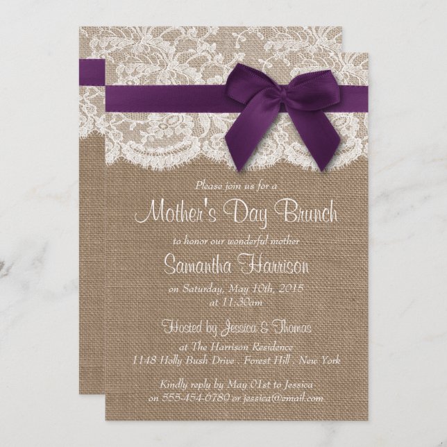 Convite Burlap, Lace e Arco Roxo Brunch (Frente/Verso)