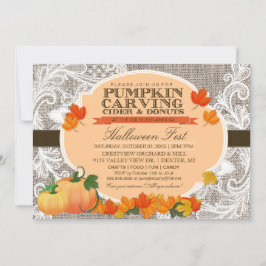 Convite Burlap & Lace Fall Pumpkin Esculpindo Festa de Hal