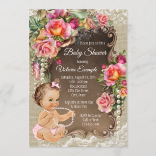Convite Burlap Lace Pearl Rustic Baby Shower Invants