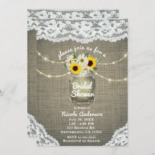 Convite Burlap Lace Sunflower & Daisies Mason Jar Rustic