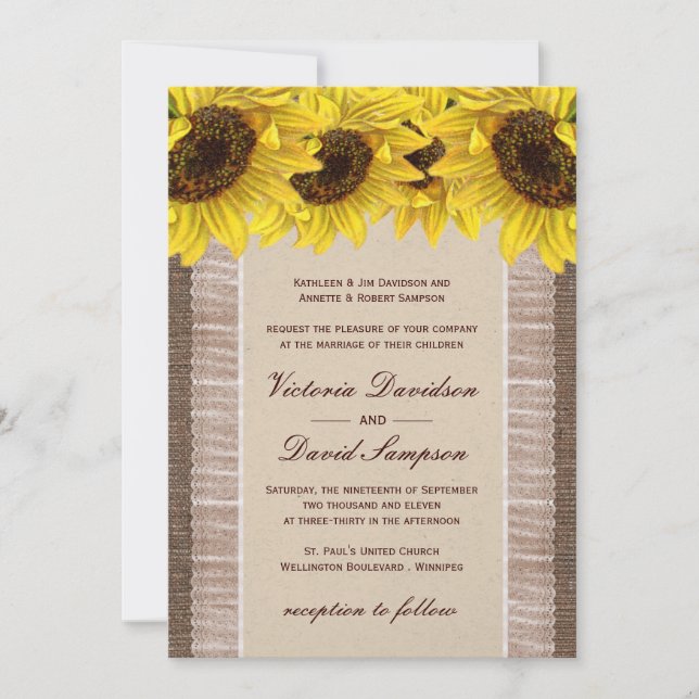 Convite Burlap, Lace Sunflower Weditation (Frente)