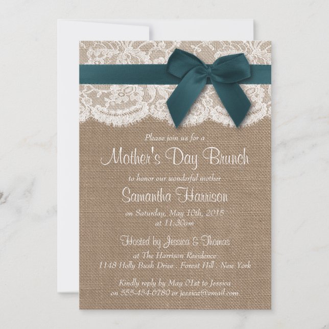 Convite Burlap, Lace & Teal Arco Brunch (Frente)