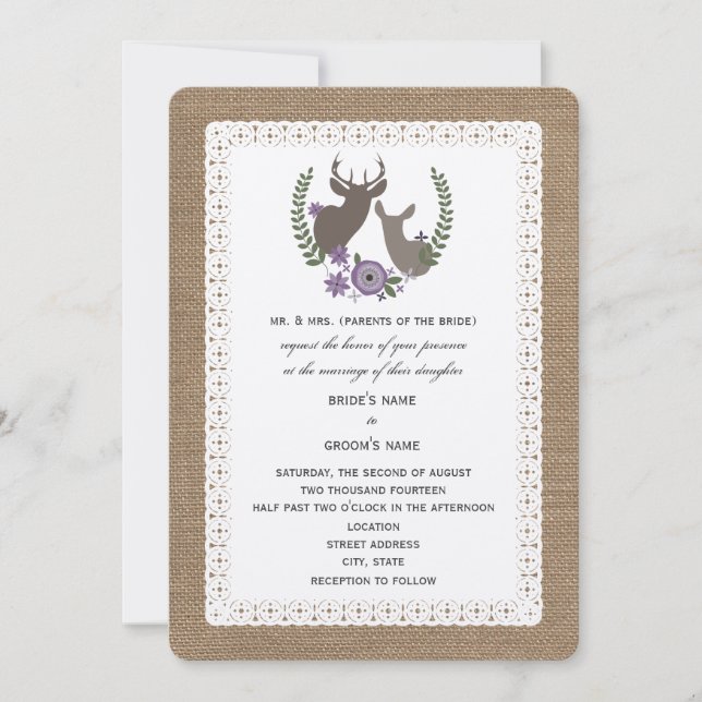 Convite Burlap + Lace Wedding Buck + Doe Deer - Roxo (Frente)