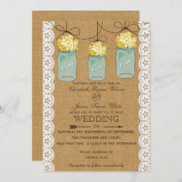 Convite Burlap Lace yellow hydrangeas mason jars convida