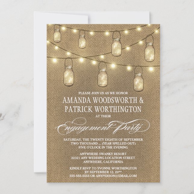 Convite Burlap Mason Jar Festas de noivado Invasivos (Frente)