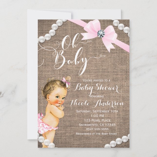 Convite Burlap & Pearls - Arco Rosa - Chá Brunette Baby Gi (Frente)
