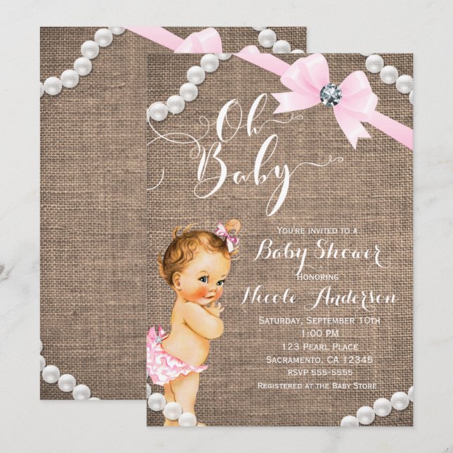 Convite Burlap & Pérolas Laço Rosa Meninas Baby Shower (Frente/Verso)