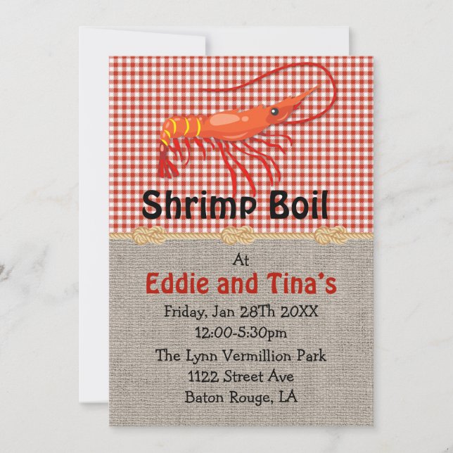 Convite Burlap Red Gingham Shrimp Boil (Frente)