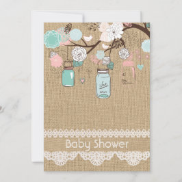 Convite Burlap Rustic Lace Mason Jar Chá de fraldas Invita