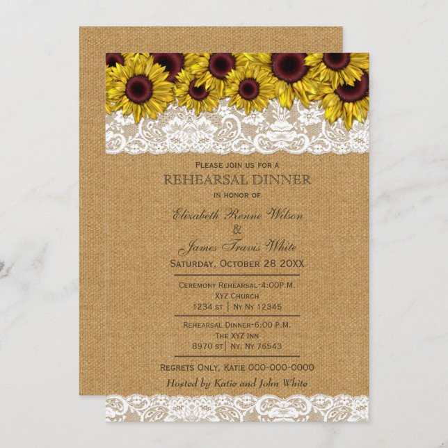 Convite Burlap Rustic Sunflower janta convida (Frente/Verso)