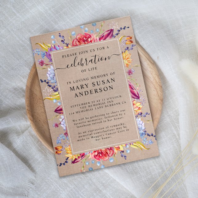 Convite Burlap Succulents Celebração do Memorial da Vida (Criador carregado)