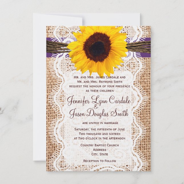 Convite Burlap Sunflower Purple Accent (Frente)
