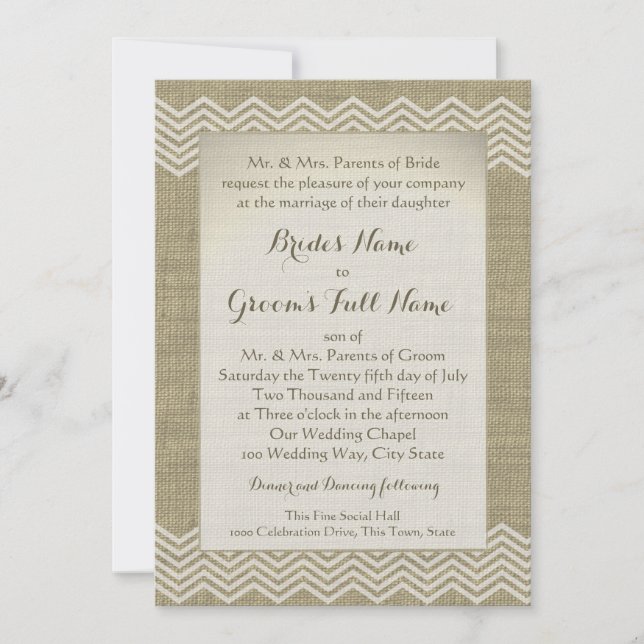 Convite Burlap Zigzag Pattern Wedding (Frente)
