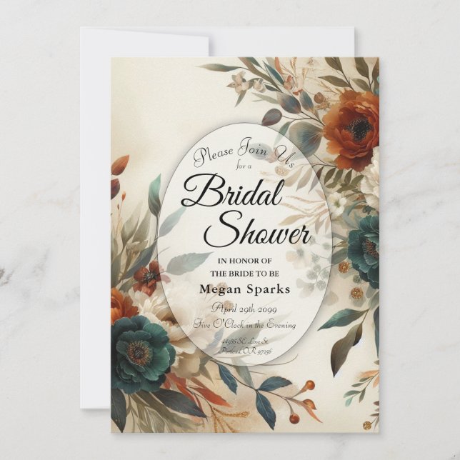 Convite Burnt Orange and Blue Fall Flowers Bridal Shower (Frente)