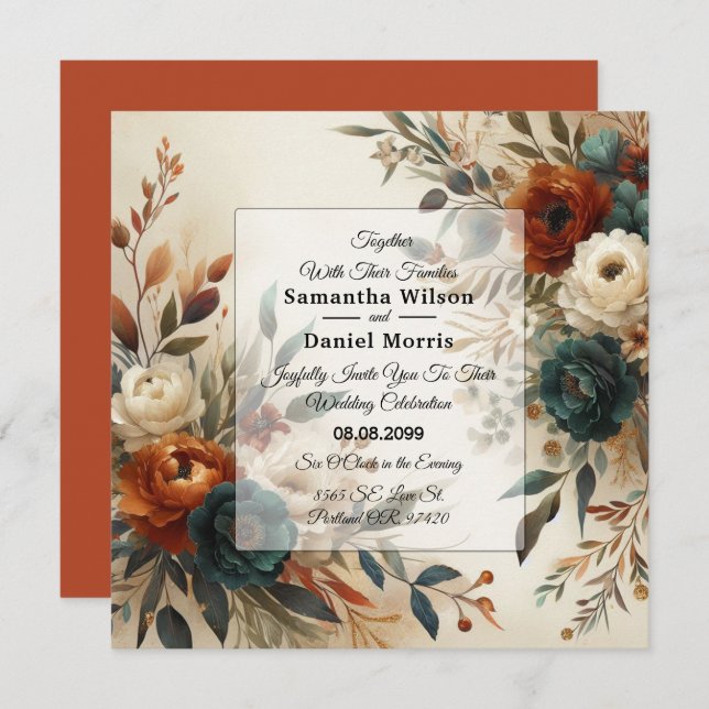 Convite Burnt Orange and Blue Fall Flowers Wedding (Frente/Verso)