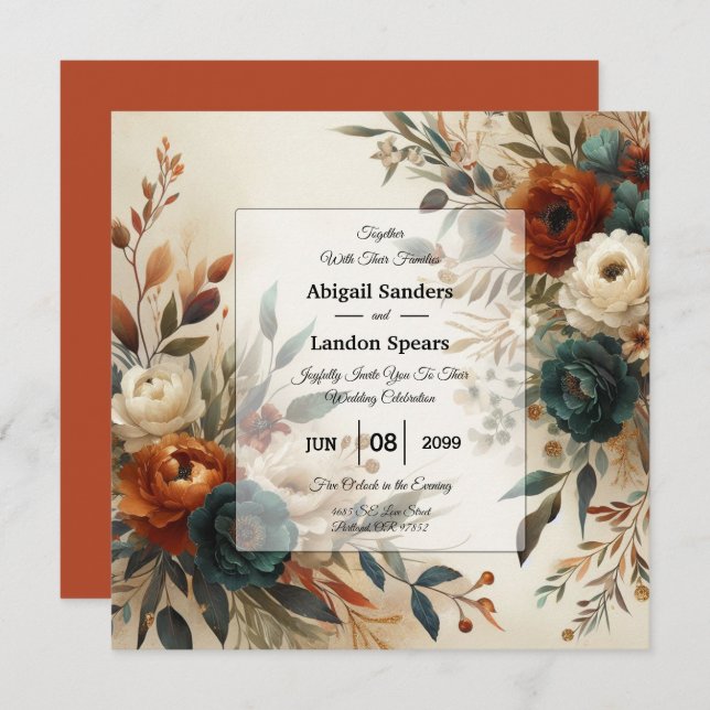 Convite Burnt Orange and Blue Fall Flowers Wedding (Frente/Verso)