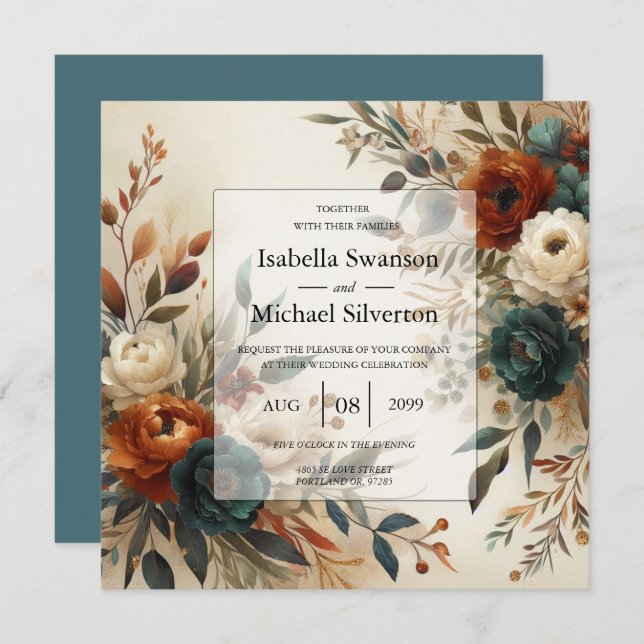 Convite Burnt Orange and Blue Fall Flowers Wedding  (Frente/Verso)