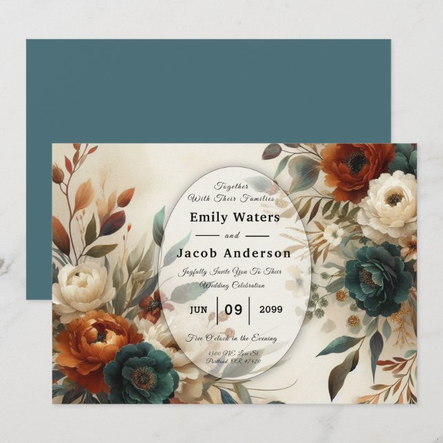 Convite Burnt Orange and Blue Fall Flowers Wedding  (Frente/Verso)