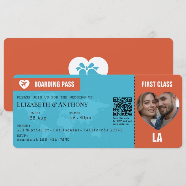 Convite Burnt Orange & Aqua Blue Boarding Pass Wedding (Frente/Verso)