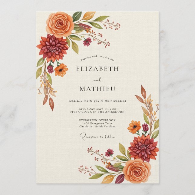 Convite Burnt Orange Autumn Floral Wedding (Frente)