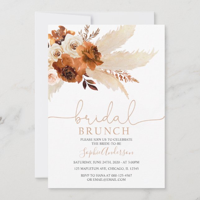 Convite Burnt Orange Bohemian Pampas Grass Bridal Brunch (Frente)