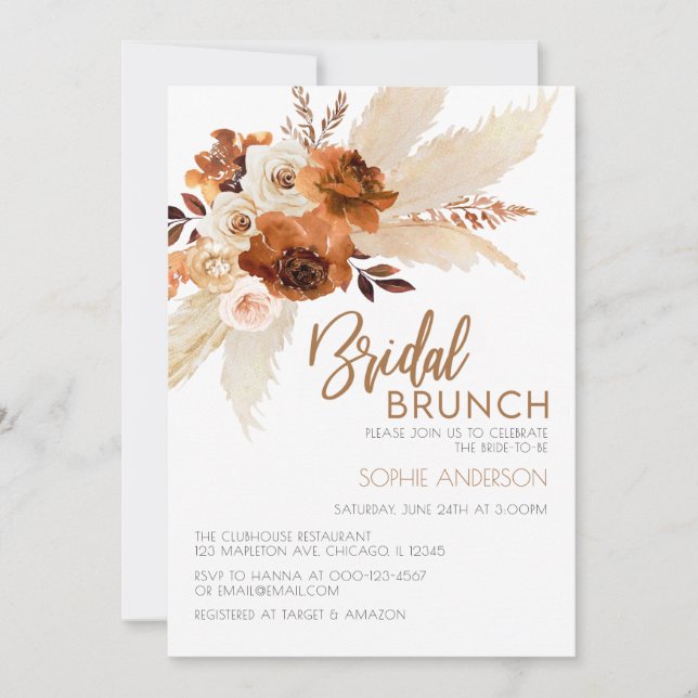 Convite Burnt Orange Boho Pampas Grass Bridal Brunch (Frente)