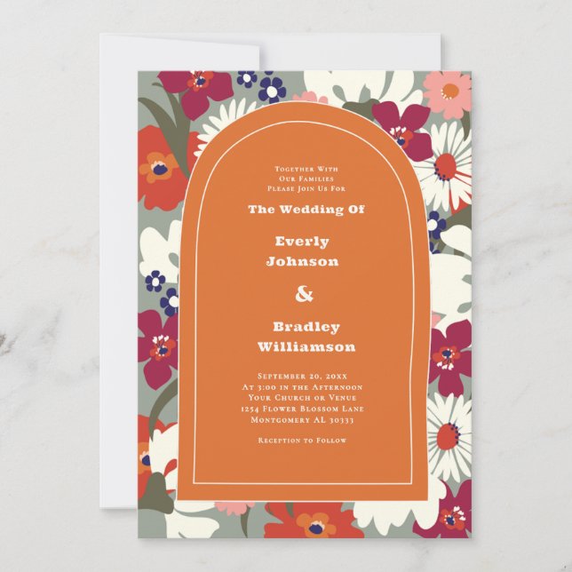 Convite Burnt Orange Bold Floral Boho Chic Retro Wedding (Frente)