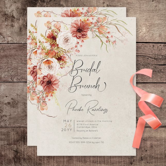 Convite Burnt Orange & Cream Boho Floral Bridal Brunch (Burnt Orange & Cream Boho Floral Bridal Brunch Invitation)