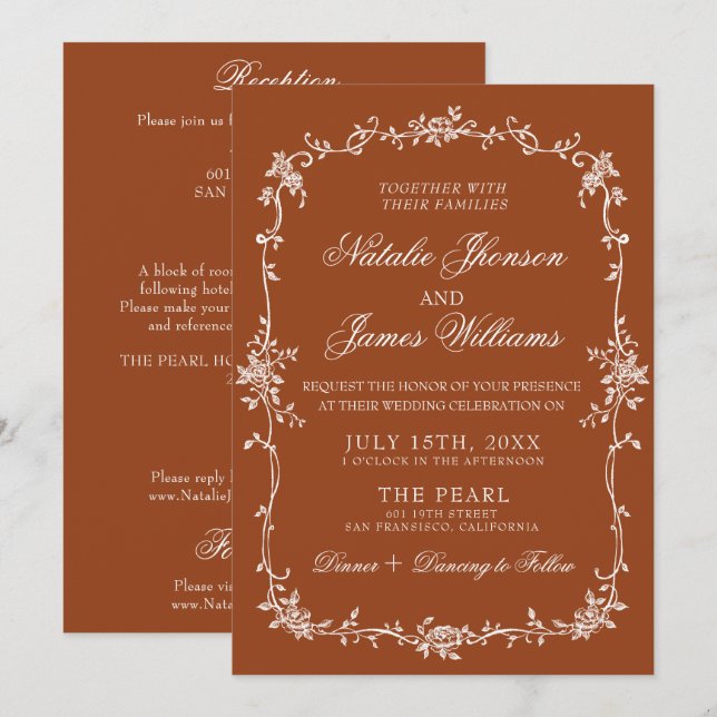 Convite Burnt Orange Floral Terracotta All In One Wedding (Frente/Verso)