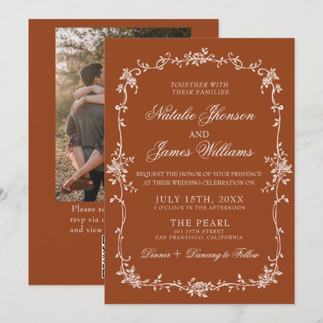 Convite Burnt Orange Floral Terracotta QR Code Wedding (Frente/Verso)