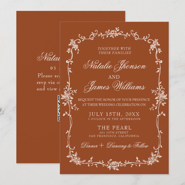 Convite Burnt Orange Floral Terracotta QR Code Wedding (Frente/Verso)