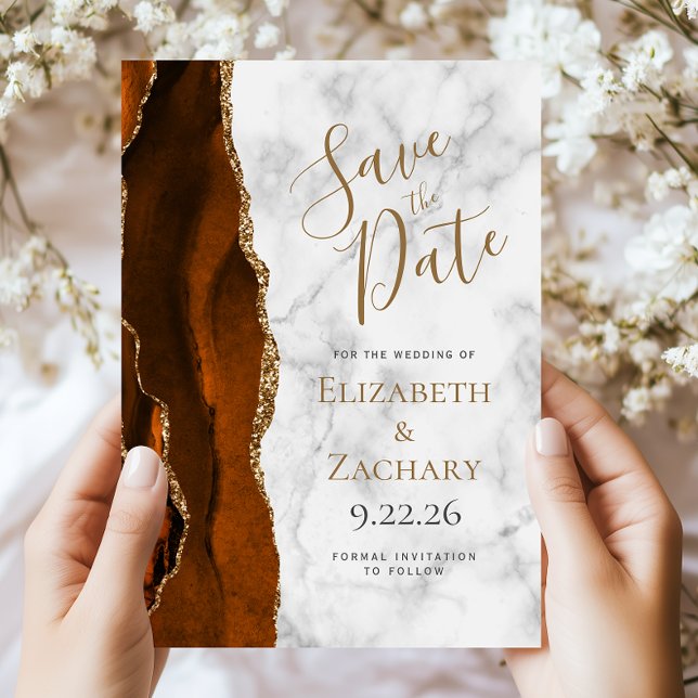 Convite Burnt Orange Gold Agate Marble Save the Date Card (Criador carregado)
