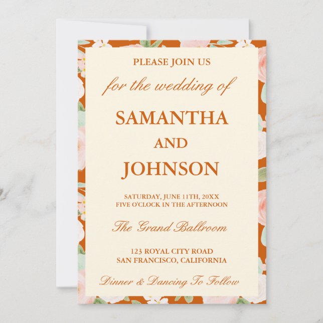 Convite Burnt Orange Ivory Floral Monogram Photo Wedding (Frente)