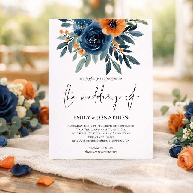 Convite Burnt Orange Navy Florals QR Code Wedding (Criador carregado)