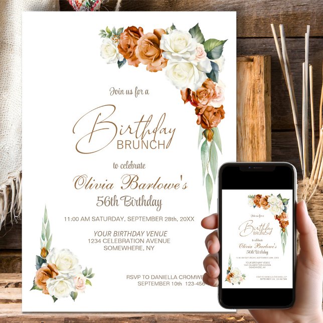 Convite Burnt Orange White Rose Floral Birthday Brunch (Criador carregado)